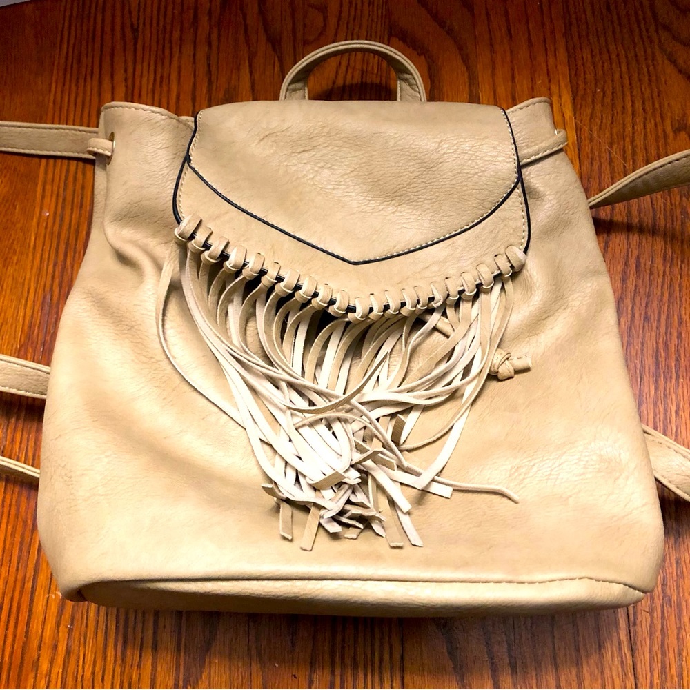 Boho Minimalist Nude Neutral Fringe Faux Leather Tan Medium Backpack Bag Purse